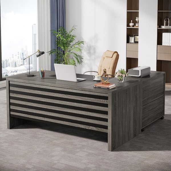 Halseey 62.2 in. x 31 in. Executive L-Shaped Gray Black Wood Drawer Computer Desk Set Mobile File Cabinet Workstation
