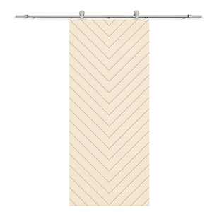 Herringbone 30 in. x 80 in. Fully Assembled Beige Stained MDF Modern Sliding Barn Door with Hardware Kit