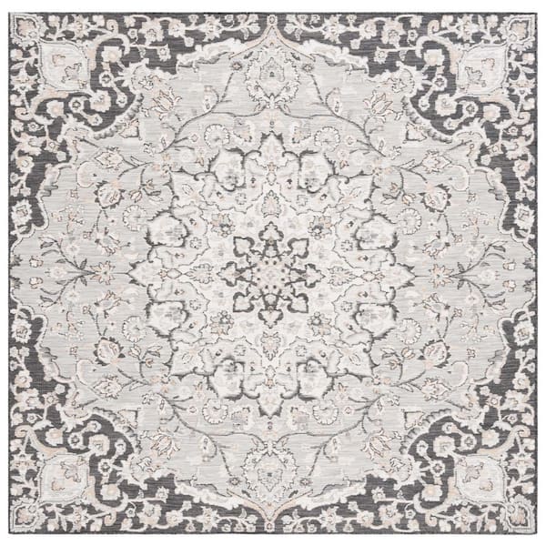 SAFAVIEH Sunrise Gray/Beige Black 7 ft. x 7 ft. Floral Medallion Reversible Indoor/Outdoor Square Area Rug