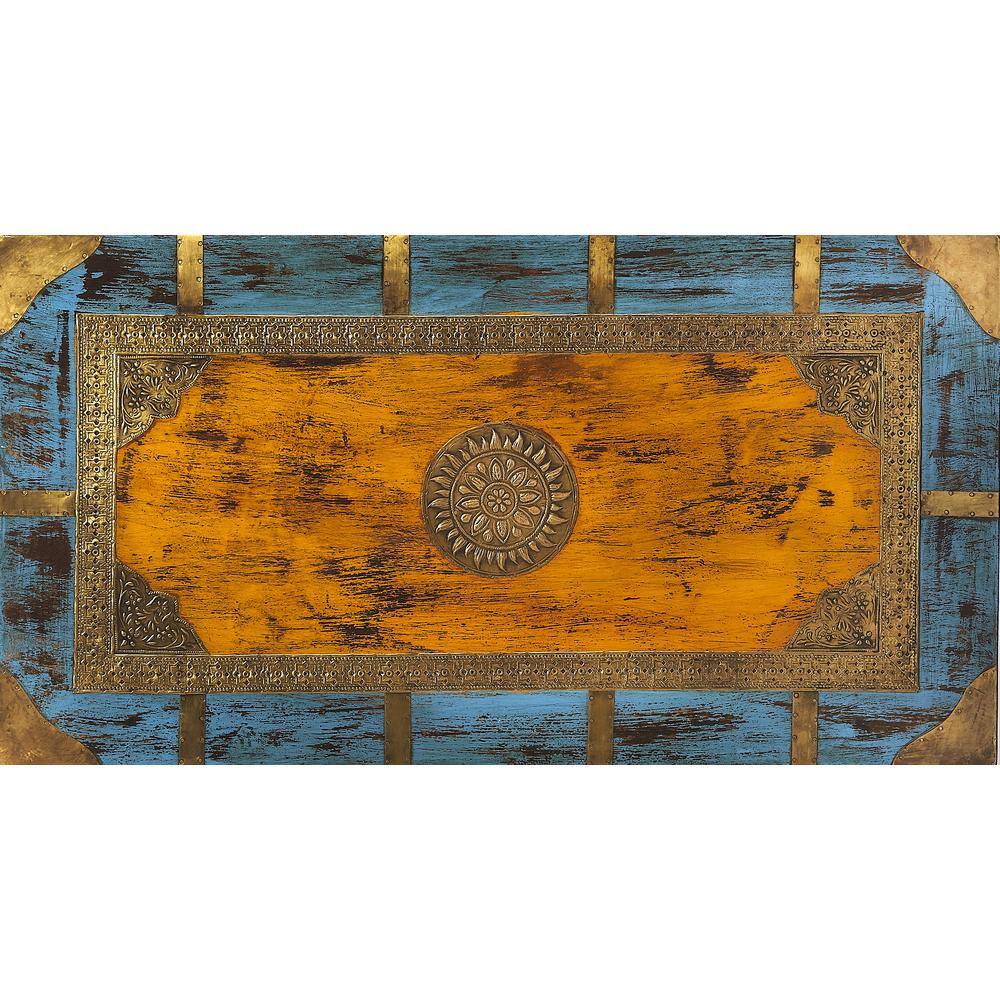 Nador Multicolor Mango Wood and Brass Inlay Storage Trunk Coffee Table