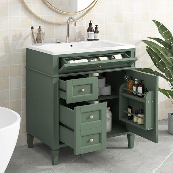 Magic Home 30 in. Modern Freestanding Bathroom Vanity Storage Solid Wood Cabinet Green Single Top Sink,2  Drawers, Tip-Out Drawer
