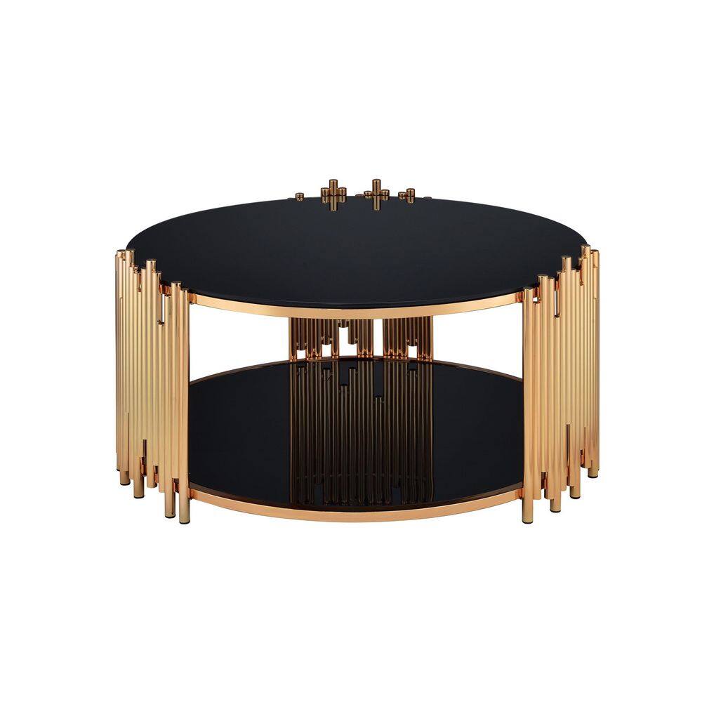 Tanquin Black Glass and Gold Round Coffee Table with Shelf