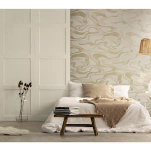 Kumano Collection Beige Abstract Flow Design Pearlescent Finish Non-Pasted Vinyl on Non-Woven Wallpaper Roll