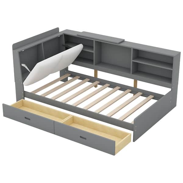 家具 DOUBLE BED FRAME Giantex Twin Bed Frames with Storage Headboard, Wood Platform Bed