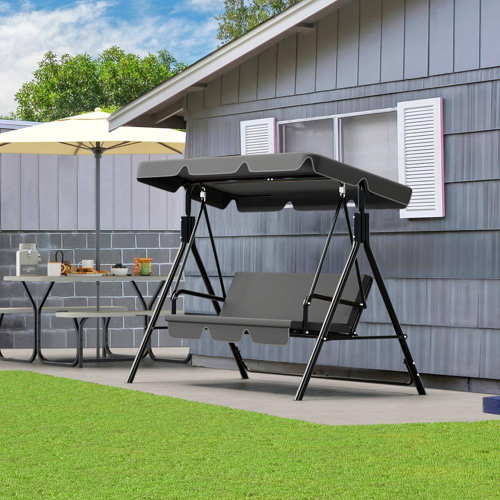 Black Powder Coated Steel 3-Person Outdoor Patio Swing with Adjustable Canopy