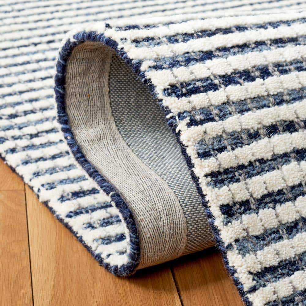 Ivory and Blue Abstract Wool Handmade Square Area Rug