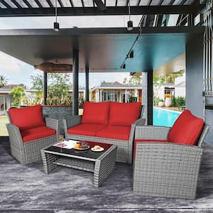4-Pieces Wicker Patio Conversation Set with Red Cushions