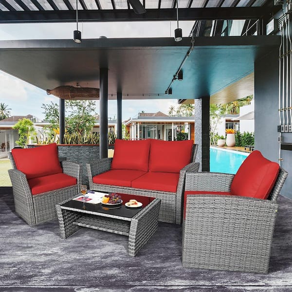 4-Pieces Wicker Patio Conversation Set with Red Cushions