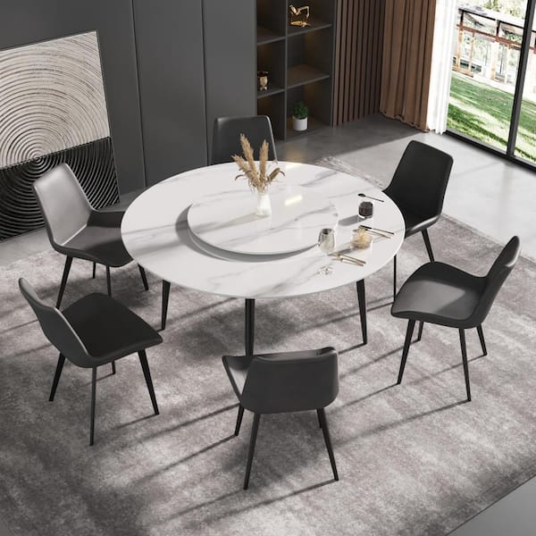 J&E Home White Marble 59.05 in. Pedestal Modern 360°Rotated Dining Table (Seats 8)
