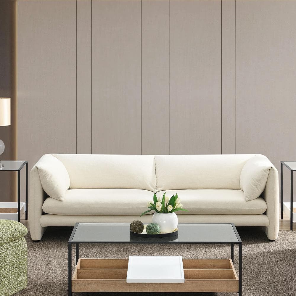 Beige Linen Tufted 2-Seat Loveseat with Wood Frame