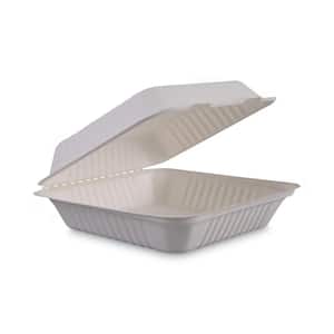 9 in. x 9 in. x 3.19 in. White Bagasse Food Containers Hinged-Lid 1-Compartment (100/Sleeve 2-Sleeves/Carton)