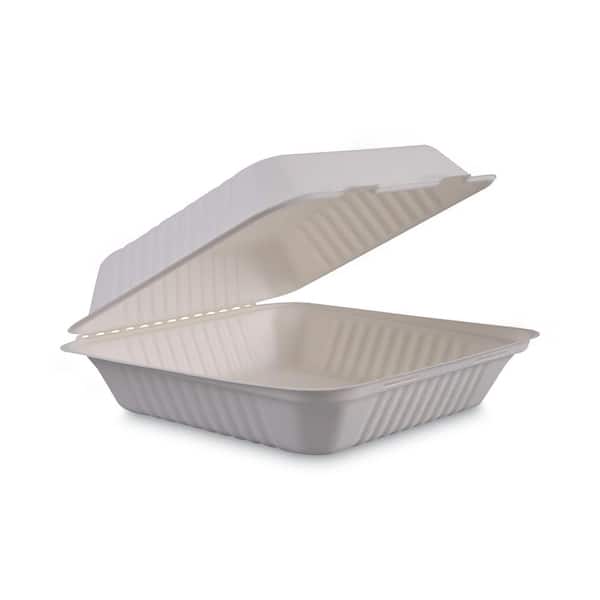 Boardwalk 9 in. x 9 in. x 3.19 in. White Bagasse Food Containers Hinged-Lid  1-Compartment (100/Sleeve 2-Sleeves/Carton) BWKHINGEWF1CM9 - The Home Depot