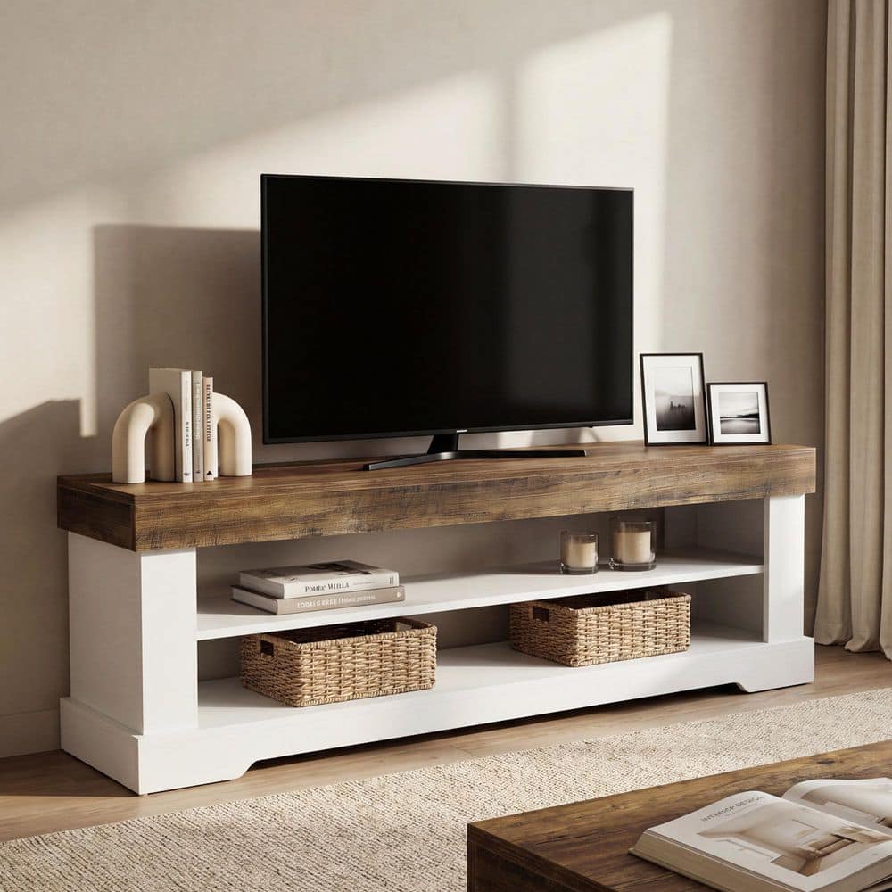 Ezlynn 55 in. Brown and White TV Stand Fits TVs up to 65 in. with 2-Tier Open Storage Shelves, Heavy Duty Frame price history on PriceWatchPro