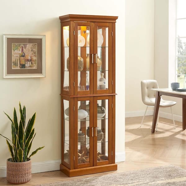 24 in. W x 12 in. D x 70 in. H Brown Linen Cabinet Curio Cabinet Lighted with Adjustable Shelves and Mirrored Back Panel