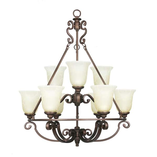 Home Decorators Collection Fairview 9-Light Heritage Bronze Tiered Chandelier with Water Patterned Glass Shades