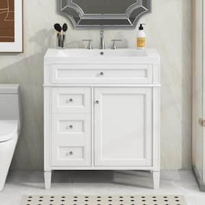 30 in. W Single Sink Bath Vanity in White with White Resin Top, Storage Cabinet with 2-Drawers and a Tip-out Drawer