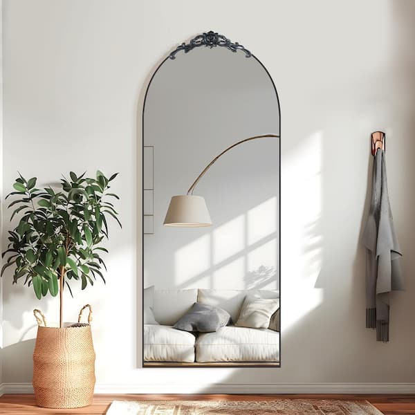 Lumioca Black 27 in. W x 71 in. H Oversized Carved Arch Wood Full Length Wall Mounted Standing Mirror Floor Mirror