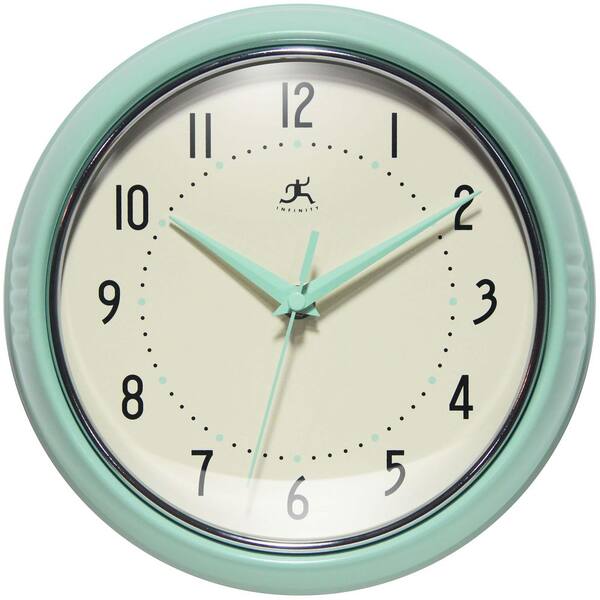 Retro Round Pastel Green Aluminum Wall Clock, 9.5 in.