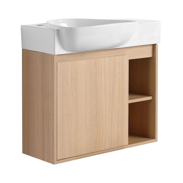 25.38 in. Floating Single Sink White Oak Bath Vanity with White Ceramic Top