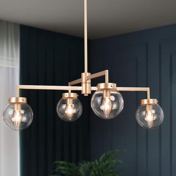 Modern Gold Sputnik Bedroom Chandelier, 27.5 in. 4-Light Farmhouse Linear Globe Dining Room Chandeliers Semi flush Mount
