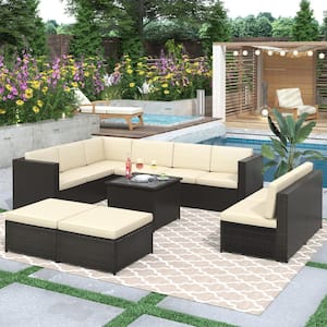 9-Piece Wicker Patio Conversation Sectional Seating Set with Beige Cushions