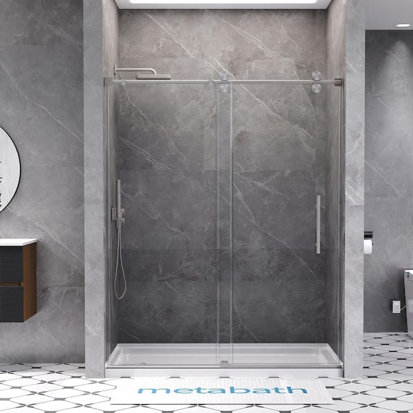 Feelive 56 to 60 in. W x 76 in. H Single Sliding Frameless Shower Door in Brushed Nickel with 3/8 in. Tempered Clear Glass