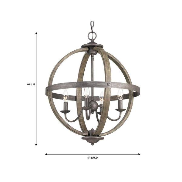 4 Light Artisan Iron Orb Chandelier, Iron And Wood Orb Chandelier