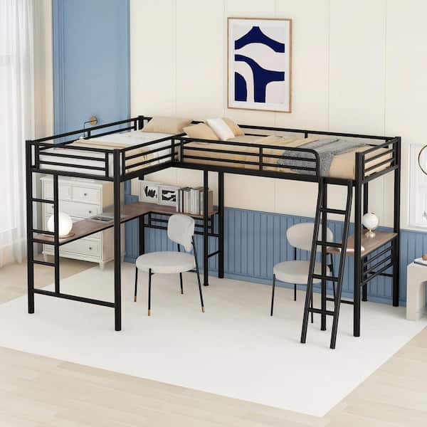 Black Twin Metal Loft Bed with Two Built-in Desks