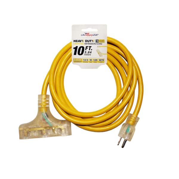LifeSupplyUSA 10 ft. 12/3 3-Outlet SJTW 15 Amp 125-Volt 1875-Watt Lighted End Extension Cord (100-Pack)