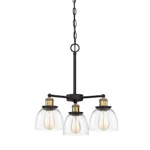 Bryson 3-Light Vintage Bronze Chandelier with Clear Glass Shades For Dining Rooms