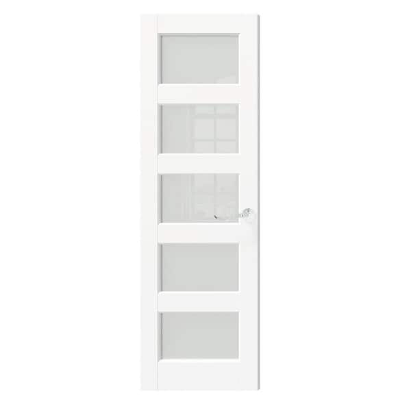 24 in. x 80 in. MDF Composite, Primed, White, 5-Lite, Frosted Glass Interior Door Slab With Black Lever Handle