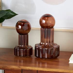 Brown Glass Abstract Floral Shaped Ombre Decorative Jars with Round Orb Tops (Set of 2)