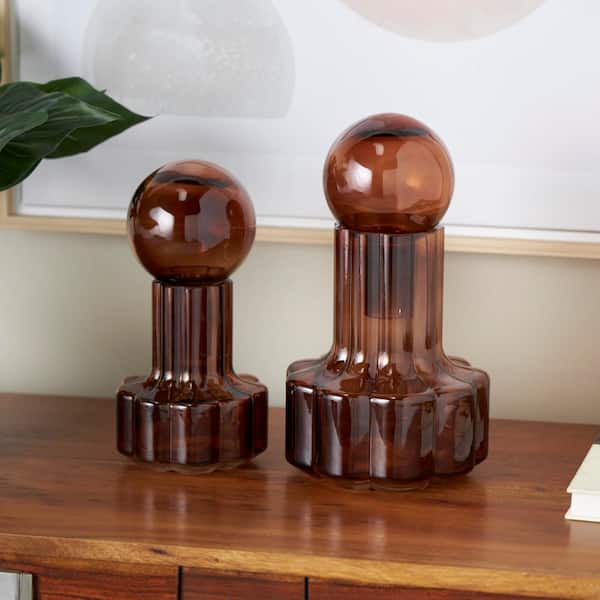 Litton Lane Brown Glass Abstract Floral Shaped Ombre Decorative Jars with Round Orb Tops (Set of 2)