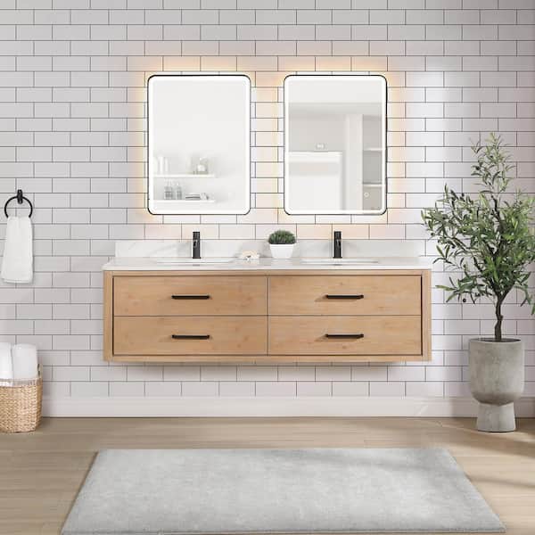 ROSWELL Cristo 72 in. W x 22 in. D x 20.6 in. H Double Sink Bath Vanity in Fir Wood Brown with White Quartz Stone Top