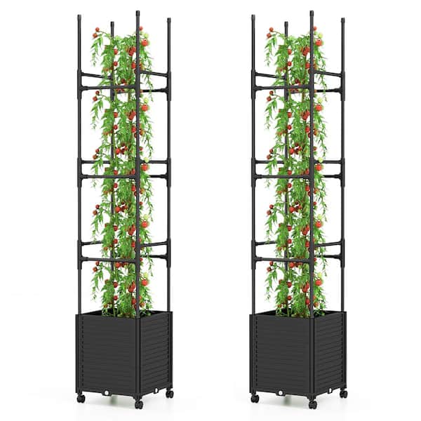 HONEY JOY Metal Raised Garden Bed with Trellis and Wheels Self-Watering and 3-Heights and Detachable PE-Coated Tubes(2-Pack)
