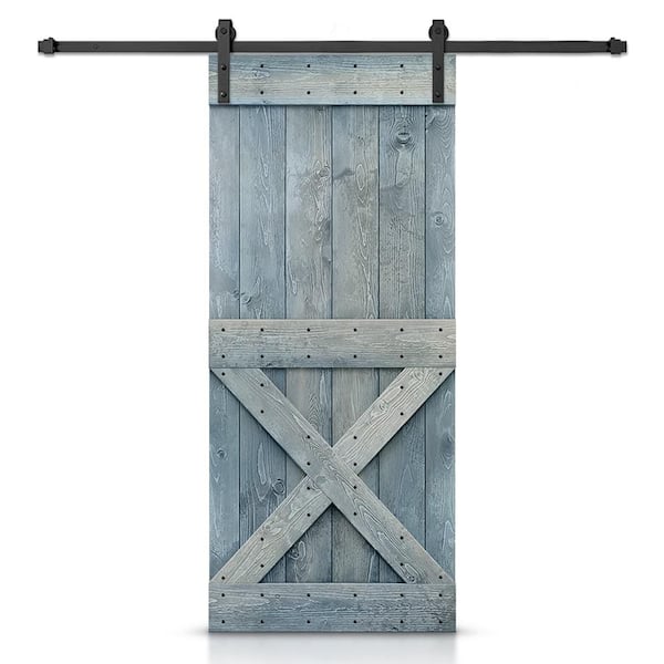 CALHOME Mini X Series 36 in. x 84 in. Pre-Assembled Denim Blue Stained Wood Interior Sliding Barn Door with Hardware Kit