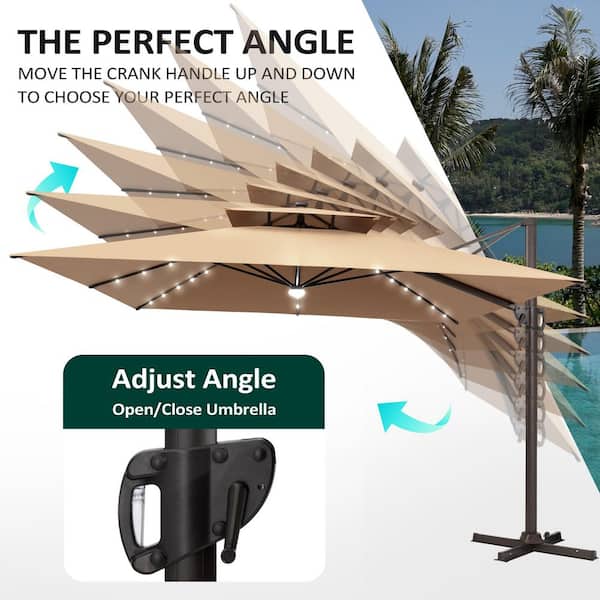 Solar LED 2-Tier 11 ft. Square Heavy Duty 360° Rotation Cantilever Patio Umbrella in Tan with 350 lbs. Umbrella Base