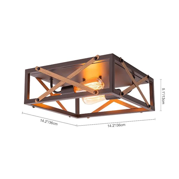 Lumin 2-Light 14.2 in. W Oil Rubbed Bronze Flush Mount Geometric Square Ceiling Light with Metal Cage Frame for Kitchen