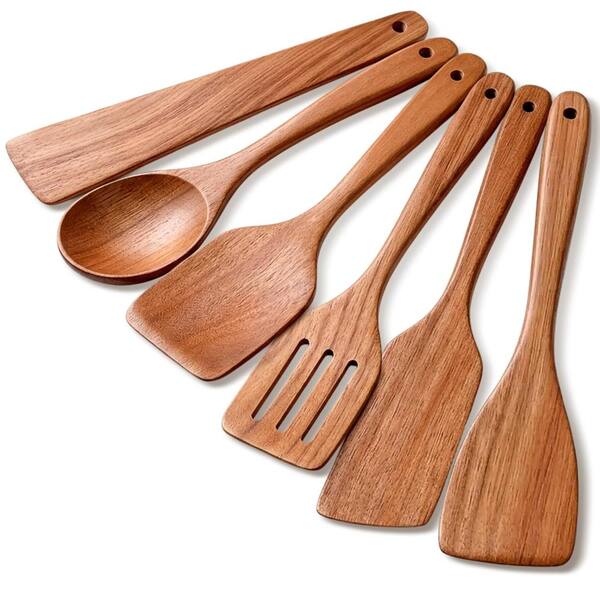 6-Piece Teak Wood Spatula and Turner Set, Non-Stick Slotted Scraper Flat Egg Flipper Cooking Spoon Kit