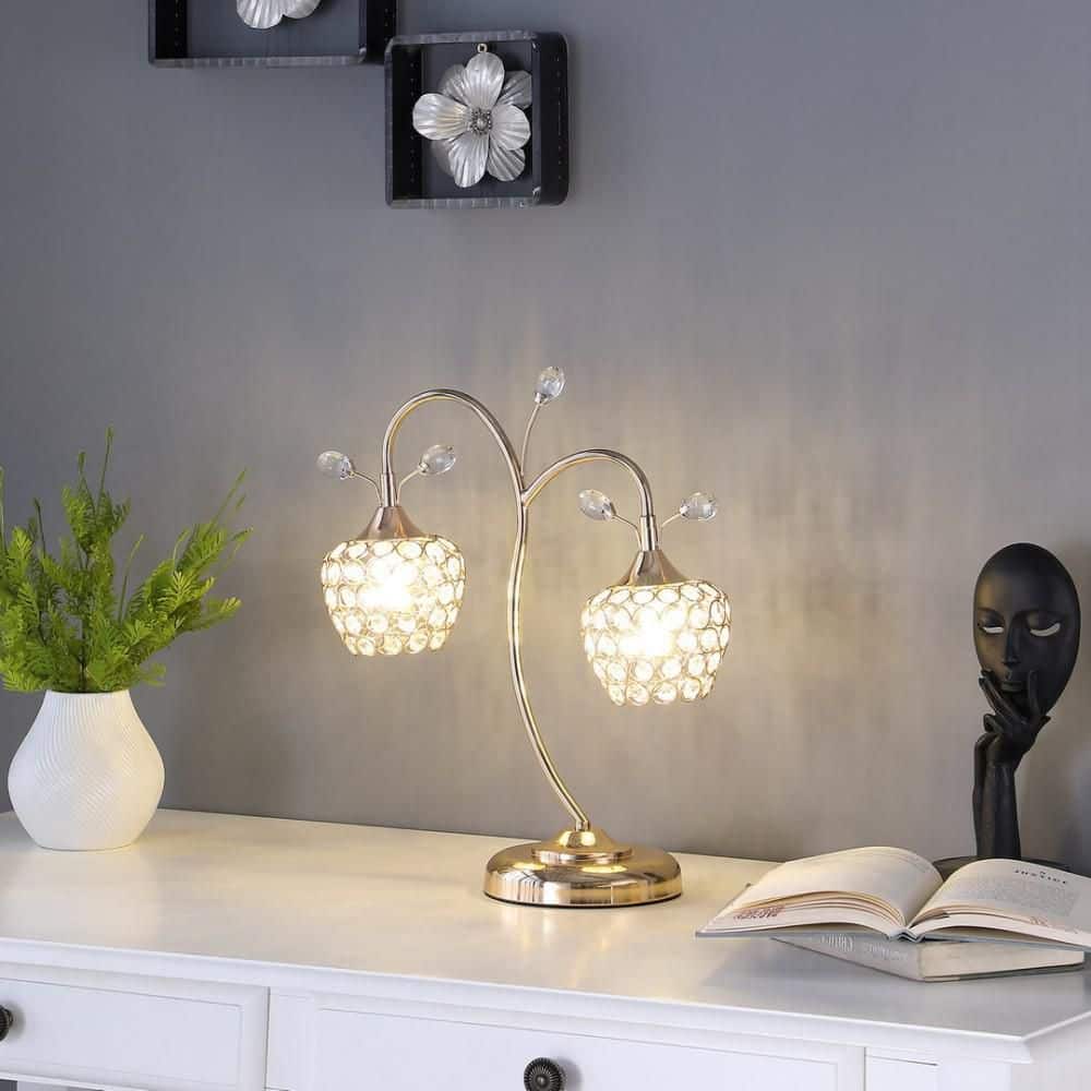 17 in. Rose Gold 2-Light Floral Bell Table Lamp with Acrylic Beads and Wire Cage, Decor for Bedroom and Dressing Area price history on PriceWatchPro