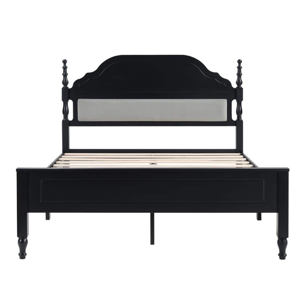 Black Rubberwood Wood Queen Platform Bed Frame with Velvet Padded Headboard durable construction price history on PriceWatchPro