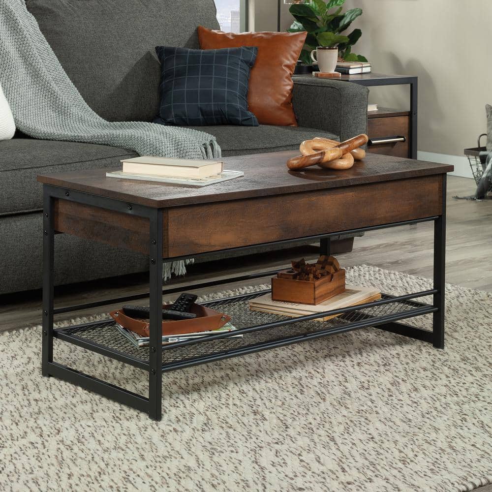 Medium Oak and Metal Lift-Top Coffee Table with Storage