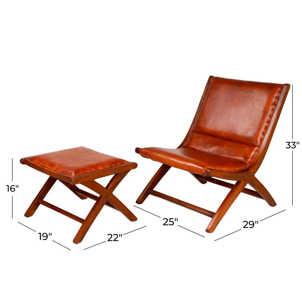 Set of 2 Brown Teak Wood Leather Accent Chairs with Ottoman