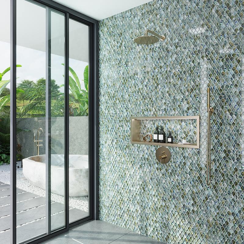 Majeste Glossy Blue and Silver Iridescent Glass Mosaic Tile