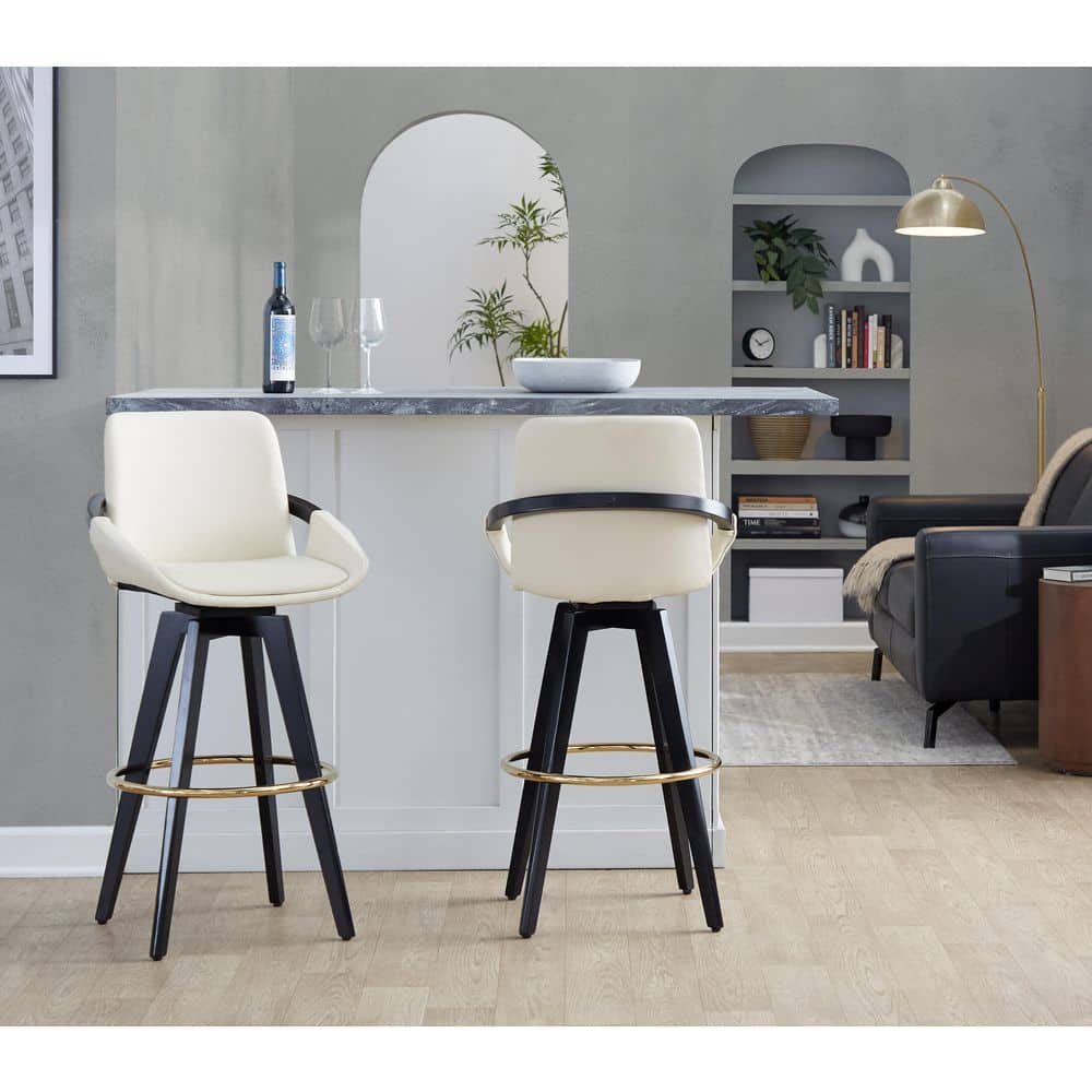 "Cosmo 41.75"" H Cream Faux Leather, Black Wood, & Gold Metal Fixed-Height Bar Stool with Round Footrest (Set of 2)" price history on PriceWatchPro