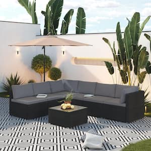 7-Piece Wicker Outdoor Sectional Set with Gray Cushions and Coffee Table