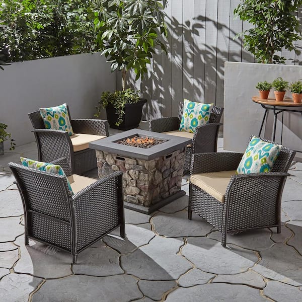 Noble House St. Lucia Brown 5-Piece Faux Rattan Patio Fire Pit Conversation Set with Tan Cushions