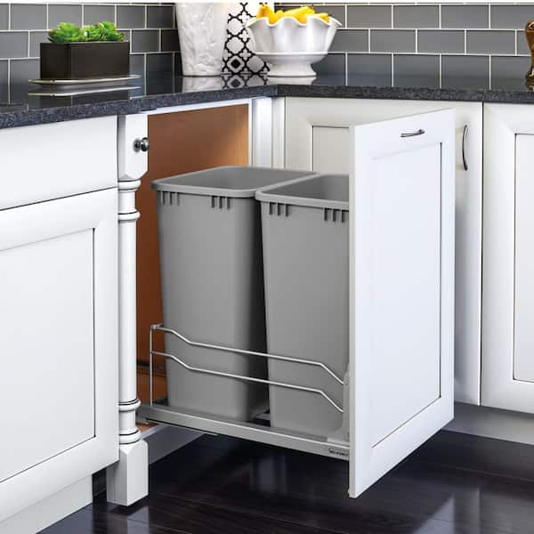 Silver Double Pull Out Trash Can 50 qt. with Soft-Close