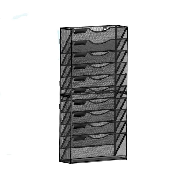 27.5 in. H x 12.6 in. W Black Metal Hanging Wall Magazine Rack Holder, 11-Tier Wall Mount Paper Folder Organization