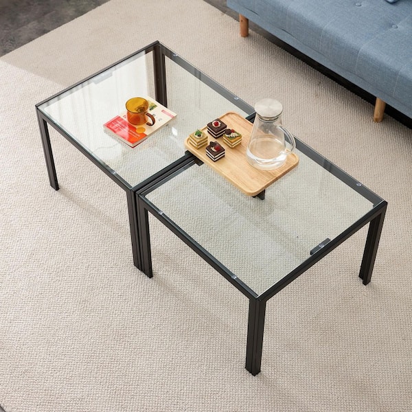 Set of 2 23.2 in. Modern Square Clear Tempered Glass Coffee Tables and Black Metal Frame for Living Room